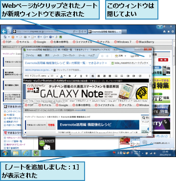 Webページがクリップされたノートが新規ウィンドウで表示された,このウィンドウは閉じてよい  ,［ノートを追加しました：1］が表示された        