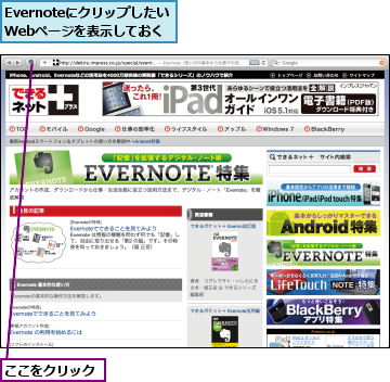 Evernoteにクリップしたい　　　Webページを表示しておく,ここをクリック