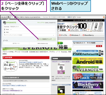 2［ページ全体をクリップ］をクリック        ,Webページがクリップされる      