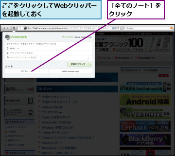 ここをクリックしてWebクリッパーを起動しておく　　　　　　　　　　　　　　　　　　,［全てのノート］をクリック    