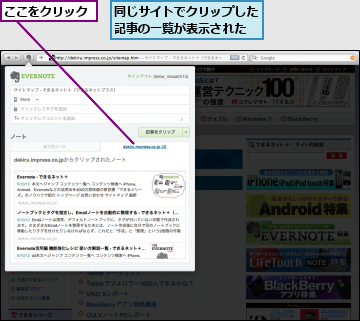 ここをクリック,同じサイトでクリップした記事の一覧が表示された