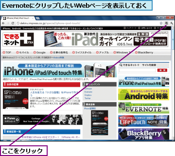 EvernoteにクリップしたいWebページを表示しておく,ここをクリック