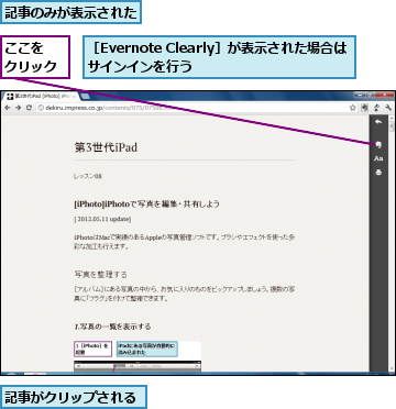 ここを　クリック,記事がクリップされる    ,記事のみが表示された,［Evernote Clearly］が表示された場合はサインインを行う　　　　　　　　　