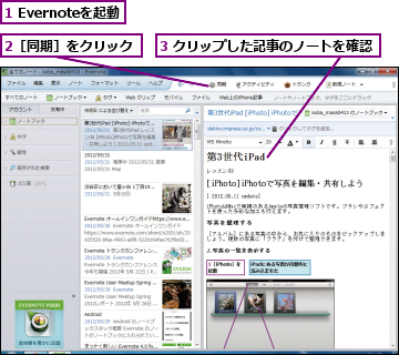 1 Evernoteを起動,2［同期］をクリック,3 クリップした記事のノートを確認