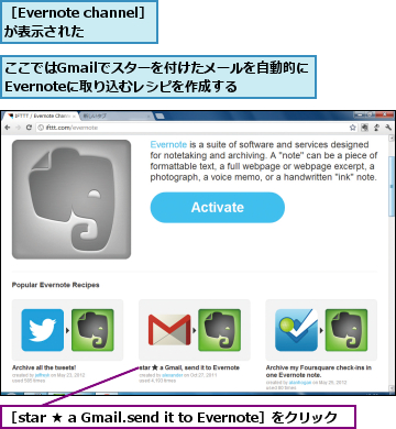 ここではGmailでスターを付けたメールを自動的にEvernoteに取り込むレシピを作成する,［Evernote channel］が表示された  ,［star ★ a Gmail.send it to Evernote］をクリック