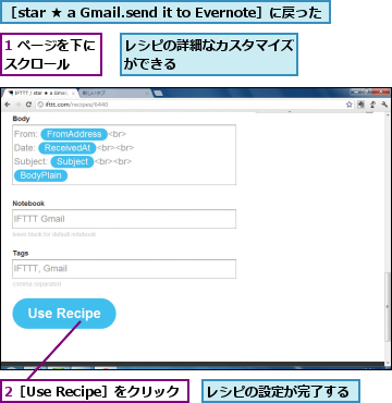 1 ページを下にスクロール  ,2［Use Recipe］をクリック,レシピの設定が完了する,レシピの詳細なカスタマイズができる        ,［star ★ a Gmail.send it to Evernote］に戻った