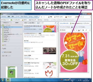 Evernoteが自動的に起動した,スキャンした書類のPDFファイルを取り込んだノートが作成されたことを確認