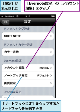 ［Evernote設定］の［アカウント編集］をタップ    ,［ノートブック指定］をタップするとノートブックを選択できる    ,［設定］が表示された