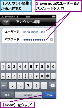 1 Evernoteのユーザー名とパスワードを入力,［Done］をタップ,［アカウント編集］が表示された  
