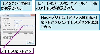 Macアプリでは［アドレス帳で表示］　をクリックしてアドレスブックに追加　できる　　,アドレスをクリック,［アカウント情報］が表示された  ,［ノートのメール先］にメールノート用のアドレスが表示された　　    