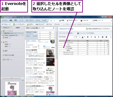 1 Evernoteを起動  ,2 選択したセルを画像として取り込んだノートを確認  