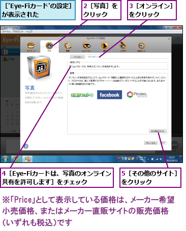 2［写真］をクリック  ,3［オンライン］をクリック  ,4［Eye-Fiカードは、写真のオンライン共有を許可します］をチェック,5［その他のサイト］をクリック    ,［'Eye-Fiカード'の設定］が表示された　　　　　　