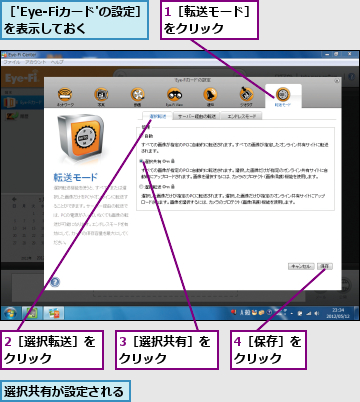 1［転送モード］をクリック  ,2［選択転送］をクリック    ,3［選択共有］をクリック    ,4［保存］をクリック  ,選択共有が設定される,［'Eye-Fiカード'の設定］を表示しておく    