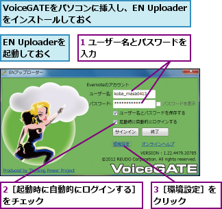 1 ユーザー名とパスワードを入力    　　　　　　　,2［起動時に自動的にログインする］をチェック    　　　　　　　　　  ,3［環境設定］をクリック    ,EN Uploaderを 起動しておく,VoiceGATEをパソコンに挿入し、EN Uploaderをインストールしておく
