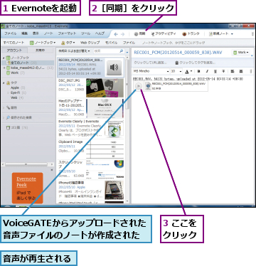 1 Evernoteを起動,2［同期］をクリック,3 ここをクリック,VoiceGATEからアップロードされた　　音声ファイルのノートが作成された,音声が再生される  