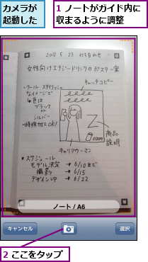 1 ノートがガイド内に収まるように調整  ,2 ここをタップ,カメラが起動した