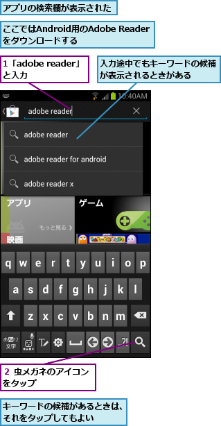 1「adobe reader」と入力　　　,ここではAndroid用のAdobe Readerをダウンロードする,アプリの検索欄が表示された,キーワードの候補があるときは、それをタップしてもよい　　　,入力途中でもキーワードの候補が表示されるときがある　　,２ 虫メガネのアイコンをタップ　　　　　　　