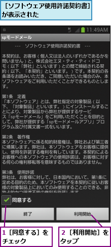 1［同意する］をチェック    ,２［利用開始］をタップ    ,［ソフトウェア使用許諾契約書］が表示された        