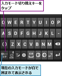 入力モード切り替えキーをタップ　　　　　　　　,現在の入力モードが白で囲まれて表示される　　