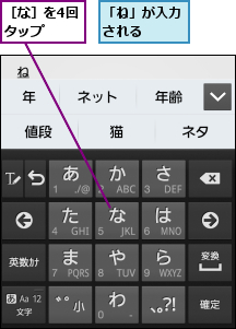 「ね」が入力される　　,［な］を4回タップ　　