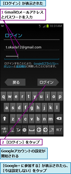 1 Gmailのメールアドレスとパスワードを入力,Googleアカウントの設定が開始される　　　,２［ログイン］をタップ,［Google＋に参加する］が表示されたら、［今は設定しない］をタップ   ,［ログイン］が表示された