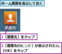 1［連絡先］をタップ,2［連絡先のヒント］が表示されたら、［OK］をタップ　　　　　　　　　　　　　　　　　　　　　　　　,ホーム画面を表示しておく