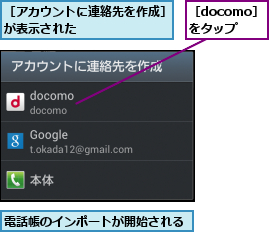 電話帳のインポートが開始される,［docomo］　　をタップ,［アカウントに連絡先を作成］が表示された 　　　　　 