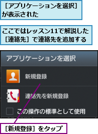 ここではレッスン11で解説した         ［連絡先］で連絡先を追加する        ,［アプリケーションを選択］が表示された      ,［新規登録］をタップ