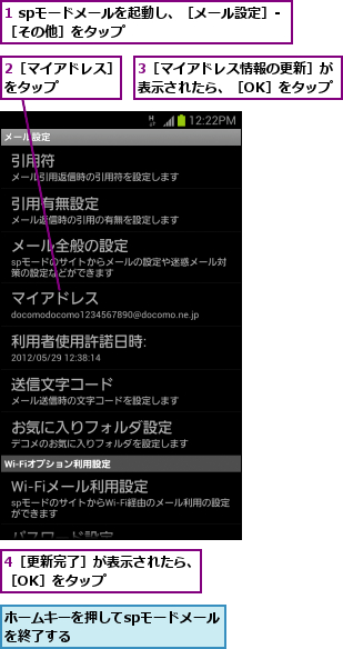 1 spモードメールを起動し、［メール設定］‐［その他］をタップ　　　　　　　　　　　　　　　　　　　    ,2［マイアドレス］をタップ    ,3［マイアドレス情報の更新］が表示されたら、［OK］をタップ,4［更新完了］が表示されたら、［OK］をタップ      ,ホームキーを押してspモードメールを終了する   　　　　　　　　　　　　　　　　　　 