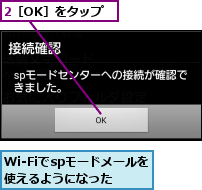 2［OK］をタップ,Wi-Fiでspモードメールを使えるようになった