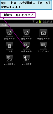 spモードメールを起動し、［メール］を表示しておく        ,［新規メール］をタップ