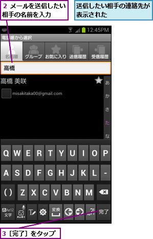 3［完了］をタップ,送信したい相手の連絡先が表示された      ,２ メールを送信したい相手の名前を入力  