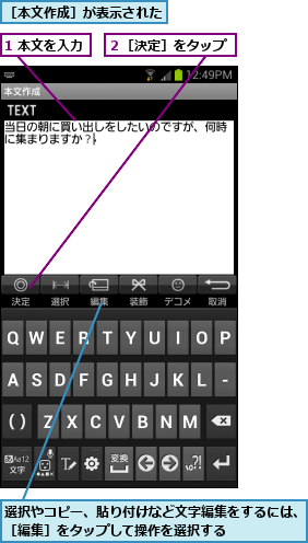 1 本文を入力,選択やコピー、貼り付けなど文字編集をするには、［編集］をタップして操作を選択する　　　　　,２［決定］をタップ,［本文作成］が表示された