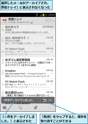 選択したメールがアーカイブされ、［受信トレイ］に表示されなくなった,［○件をアーカイブしました。］と表示された,［取消］をタップすると、操作を取り消すことができる    