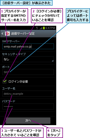 1 プロバイダーが指定するSMTPの　サーバー名を入力,3 ユーザー名とパスワードが入力されて いることを確認,4［次へ］をタップ,プロバイダーによってはポート番号も入力する,２［ログインが必要］にチェックが付いて　いることを確認    ,［送信サーバー設定］が表示された