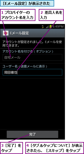 1 プロバイダーの　アカウント名を入力          ,3［完了］をタップ  ,4［ダブルタップについて］が表示されたら、［スキップ］をタップ,２ 差出人名を入力    ,［Eメール設定］が表示された