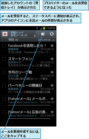 プロバイダーのメールを送受信できるようになった    ,メールを受信すると、ステータスバーに通知が表示され、アプリのアイコンに未読メールの件数が表示される  ,メールを新規作成するには、ここをタップする    ,追加したアカウントの［受信トレイ］ が表示された