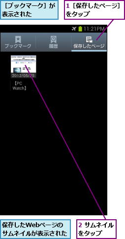 1［保存したページ］をタップ      ,2 サムネイルをタップ  ,保存したWebページの　　　　　サムネイルが表示された  ,［ブックマーク］が表示された    