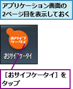 アプリケーション画面の　2ページ目を表示しておく,［おサイフケータイ］をタップ        