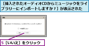 5［いいえ］をクリック,［挿入されたオーディオCDからミュージックをライブラリーにインポートしますか？］が表示された