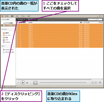 1 ここをチェックしてすべての曲を選択  ,2［ディスクリッピング］をクリック      ,音楽CDの曲がKiesに取り込まれる,音楽CD内の曲の一覧が表示された   