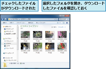 チェックしたファイルがダウンロードされた,選択したフォルダを開き、ダウンロードしたファイルを確認しておく    