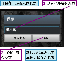 1 ファイル名を入力,2［OK］をタップ,新しい写真として本体に保存される,［保存］が表示された