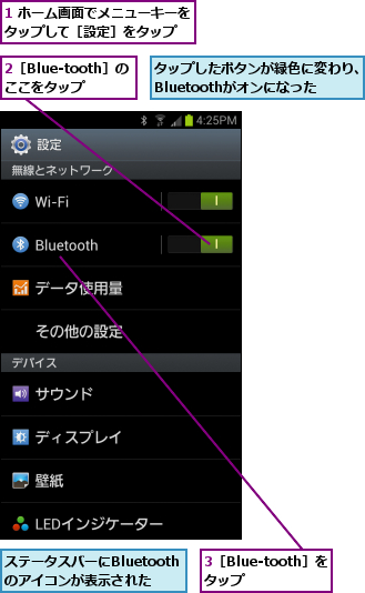 1 ホーム画面でメニューキーをタップして［設定］をタップ  ,2［Blue-tooth］のここをタップ,3［Blue-tooth］をタップ  ,ステータスバーにBluetoothのアイコンが表示された,タップしたボタンが緑色に変わり、Bluetoothがオンになった