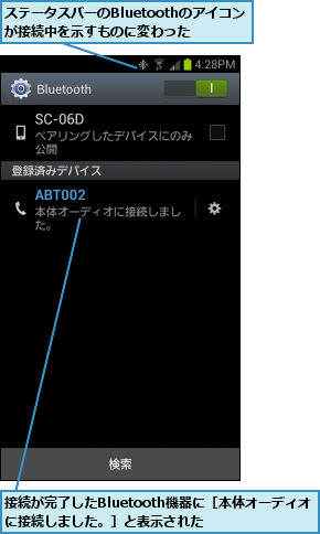 ステータスバーのBluetoothのアイコンが接続中を示すものに変わった,接続が完了したBluetooth機器に［本体オーディオに接続しました。］と表示された    