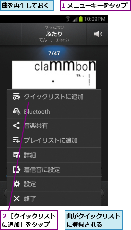 1 メニューキーをタップ,曲がクイックリストに登録される  ,曲を再生しておく,２［クイックリストに追加］をタップ