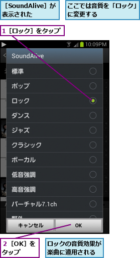 1［ロック］をタップ,ここでは音質を「ロック」に変更する      ,ロックの音質効果が楽曲に適用される,２［OK］を タップ  ,［SoundAlive］が表示された