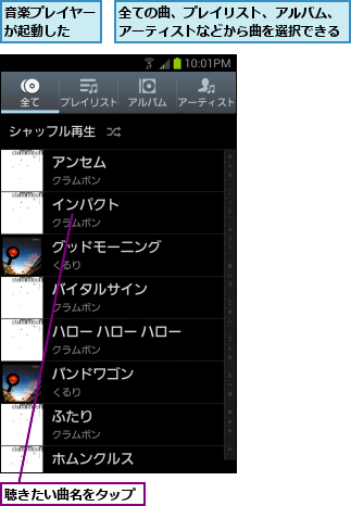 全ての曲、プレイリスト、アルバム、アーティストなどから曲を選択できる,聴きたい曲名をタップ,音楽プレイヤーが起動した  