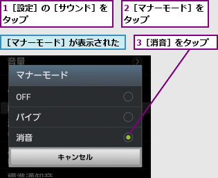 1［設定］の［サウンド］をタップ          ,2［マナーモード］をタップ      ,3［消音］をタップ,［マナーモード］が表示された