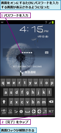 1 パスワードを入力,画面をオンにするたびにパスワードを入力する画面が表示されるようになった  ,画面ロックが解除される,２［完了］をタップ